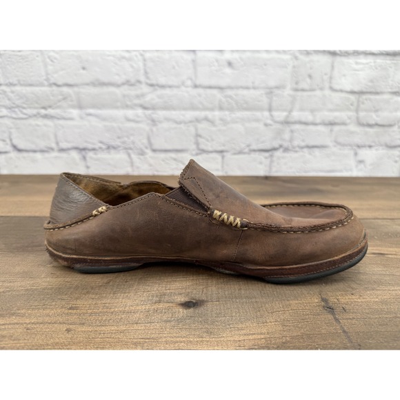OluKai Moloa Brown Leather Slip On Loafer Collapsable Back Shoes Mens Size 9.5 - Picture 9 of 11